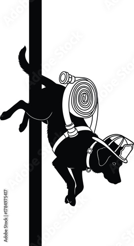 Flat vector firefighter dog silhouette sliding pole, helmet and hose gear, heroic rescue action, playful mascot concept, emergency scene illustration