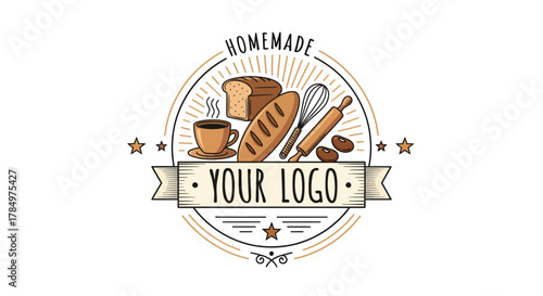 Rustic bakery emblem design with bread, pastries, and kitchen tools