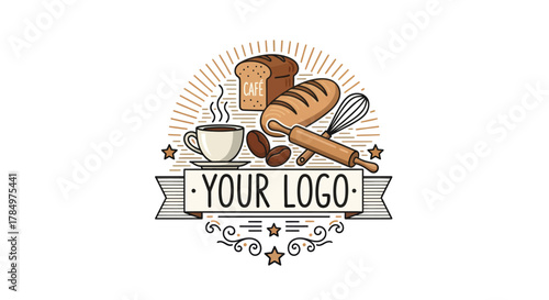 Bakery and cafe emblem with bread, coffee and baking tools vector illustration