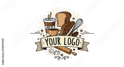 Charming Bakery and Coffee Shop Emblem with Customizable "Your Logo" Banner