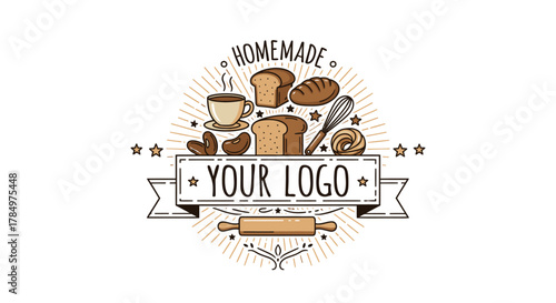 Rustic homemade bakery sign with fresh bread coffee beans and rolling pin