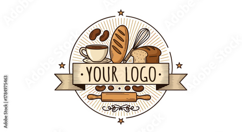 Baking and Coffee Emblem Design with Wooden Rolling Pin and Bread Elements