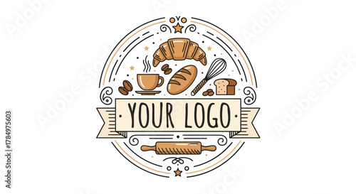 Charming bakery logo template with coffee and pastry elements on white backdrop