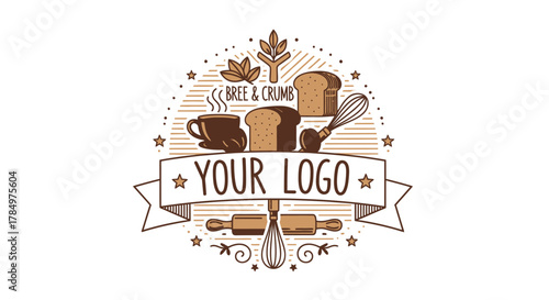 Artistic baking and coffee shop logo design with various kitchen elements