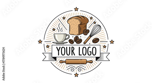 Bakery cafe logo design with bread coffee and baking tools vector illustration