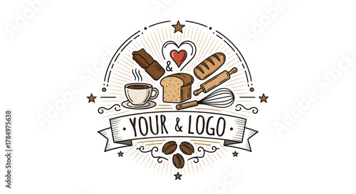 Charming bakery and cafe emblem with bread, coffee, and baking tools