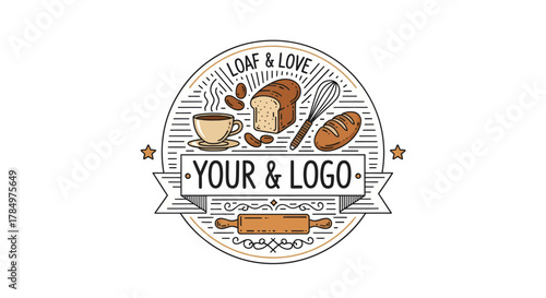 Artisanal bakery and coffee emblem with bread, whisk, and rolling pin design