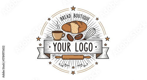 Bakery Boutique Emblem with Bread Coffee and Baking Utensils for branding