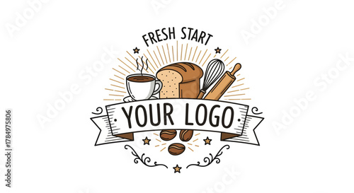 Fresh Start bakery logo concept with coffee bread and baking tools design
