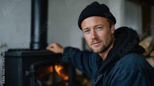 Man in a beanie tends to a wood-burning stove in a cozy room, creating a warm, inviting atmosphere for relaxation and home comfort.