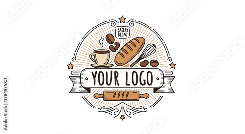 Artistic Bakery and Coffee Shop Emblem with Customizable Text on Ribbon