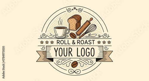 vintage bakery and coffee shop logo with bread and hot beverage emblem