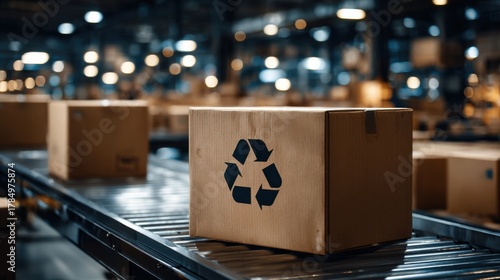 Cardboard box with recycling symbol on conveyor in high-tech warehouse, exemplifying sustainable logistics.