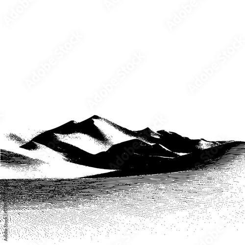 Black and white desert landscape illustration of sand dunes in a minimalist style graphic design art 100