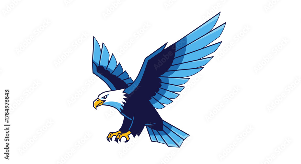 Fototapeta premium Stylized eagle illustration soaring with vibrant blue hues on a crisp white backdrop