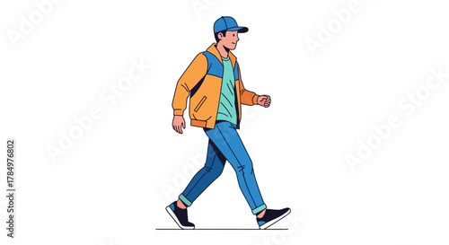 A person strides confidently forward, embodying activity and modern casual style with a cap