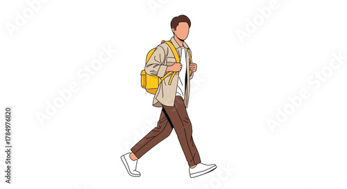 Illustration of a faceless young man walking with a yellow backpack on white background