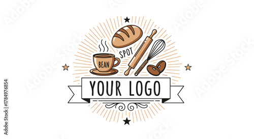 Baking and coffee shop emblem design with a customizable banner element