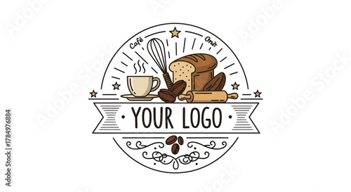Bakery and Coffee Shop Emblem: Hand-Drawn Cafe Bread & Brew Design