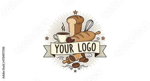Bakery and coffee shop emblem design with customizable text banner brand