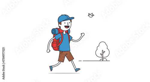 Cheerful hiker exploring nature in minimalist vector illustration drawing style