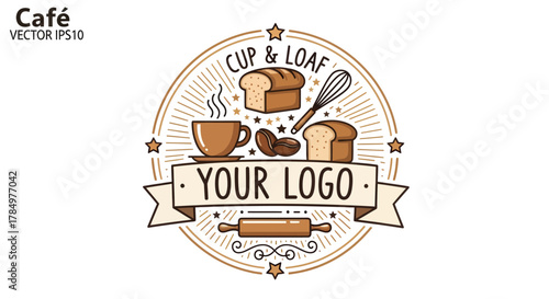 Rustic bakery and coffee shop logo with bread and baking tools