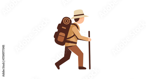 Illustration of a hiker with backpack and walking stick in vector format