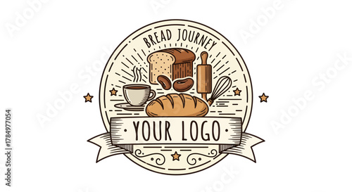 vintage bakery logo emblem with bread, coffee, and kitchen utensils