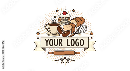 Charming bakery and cafe emblem illustration with custom text space