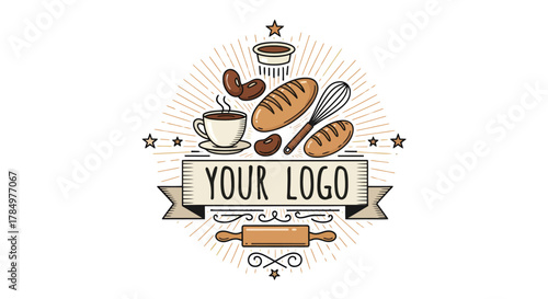 Retro kitchen, bakery, coffee, and pastry illustration with your logo text space