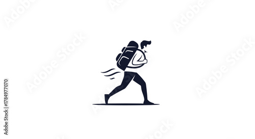 Dynamic silhouette of a traveler speeding with backpack and motion trail conveying movement and