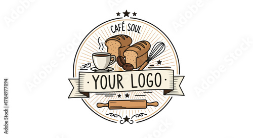 Charming caf? bakery logo with bread coffee and baking tools on white background
