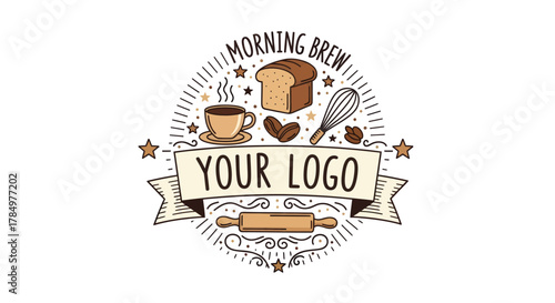 Rustic Morning Brew Cafe & Bakery Emblem with Coffee and Bread Design