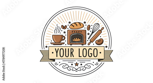 Bakery and coffee shop logo with baking tools and freshly brewed hot drink,