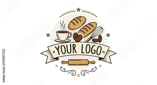 Bakery and coffee shop emblem, kitchenware and fresh baked goods graphic