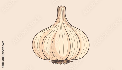 Illustration of a whole garlic bulb with a beige background.