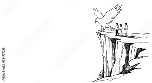 Bird on a cliff edge alongside people contemplating, sketched illustration, represents overcoming