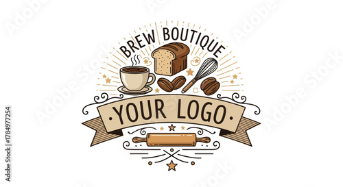 Rustic bakery and coffee shop logo with baking and beverage elements