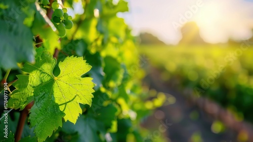 Close-Up of Bright Green Grape Leaves in a Sunlit Vineyard During Harvest Season