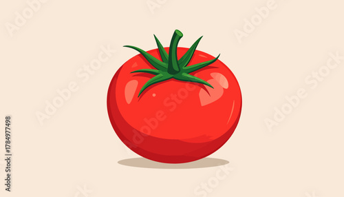 Illustration of a ripe red tomato with green stem and leaves on a light beige background.