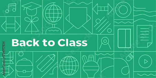 Back to class with colorful school supplies and education icons on a green background