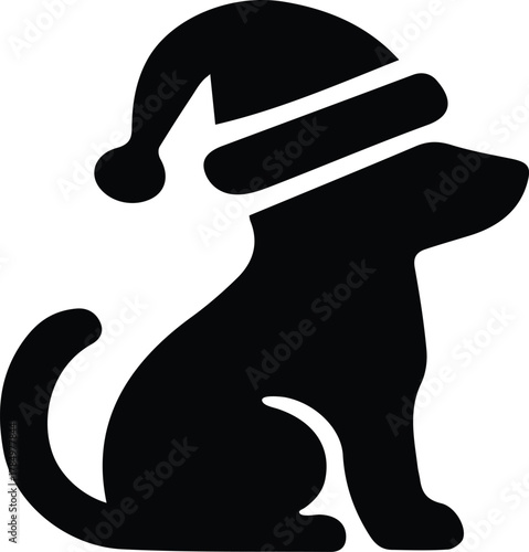 Simple black silhouette of a sitting dog wearing a festive Santa hat. Adorable pet graphic icon for Christmas and winter holiday celebrations