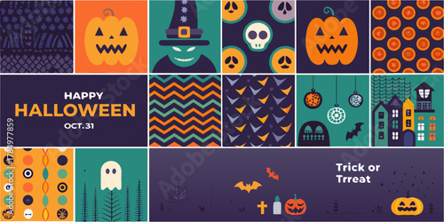 Happy halloween oct 31 collage featuring pumpkins skulls ghosts witch and spooky houses