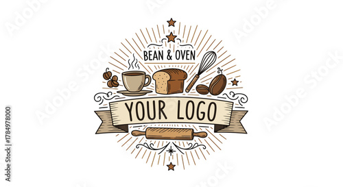 Vintage-style badge with coffee, bread, and baking tools illustration