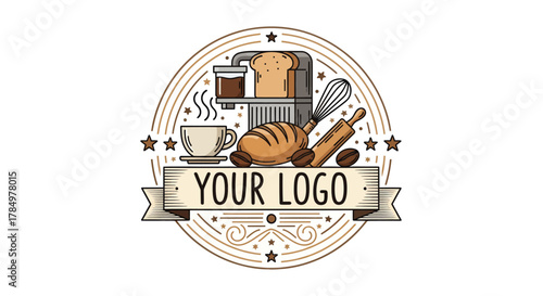 rustic baked goods and coffee emblem with pastry tools and coffee cup