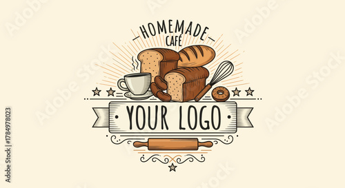 Rustic Bakery Cafe Logo Design with Bread, Coffee, and Baking Utensils
