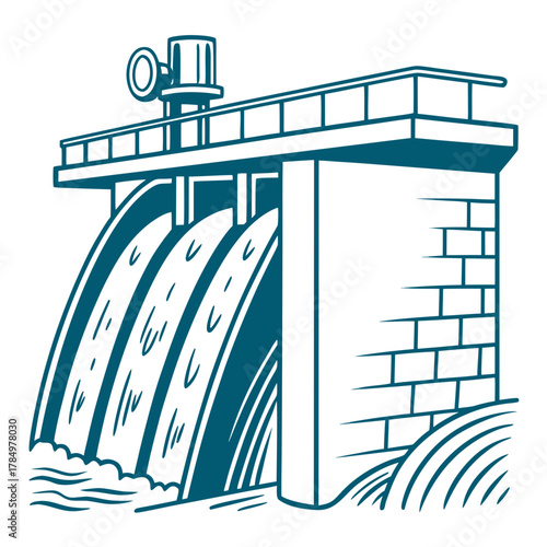 Stylized illustration of a dam with water flowing through spillways