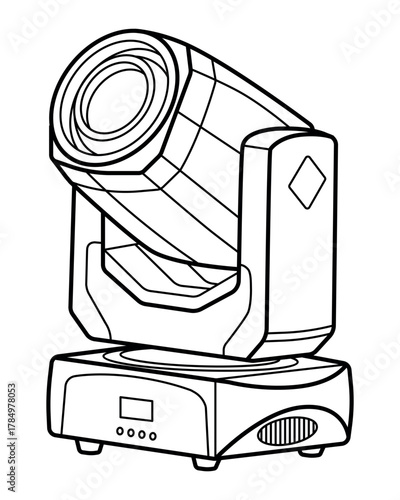 Black and white line drawing of a moving head stage light with control panel — technical, clean, and ideal for lighting design or equipment illustration.