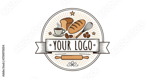 Bakery and coffee shop logo with bread, coffee and baking tools design element
