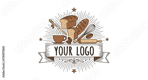 Bakery and coffee shop logo with baking tools and ingredients for small business